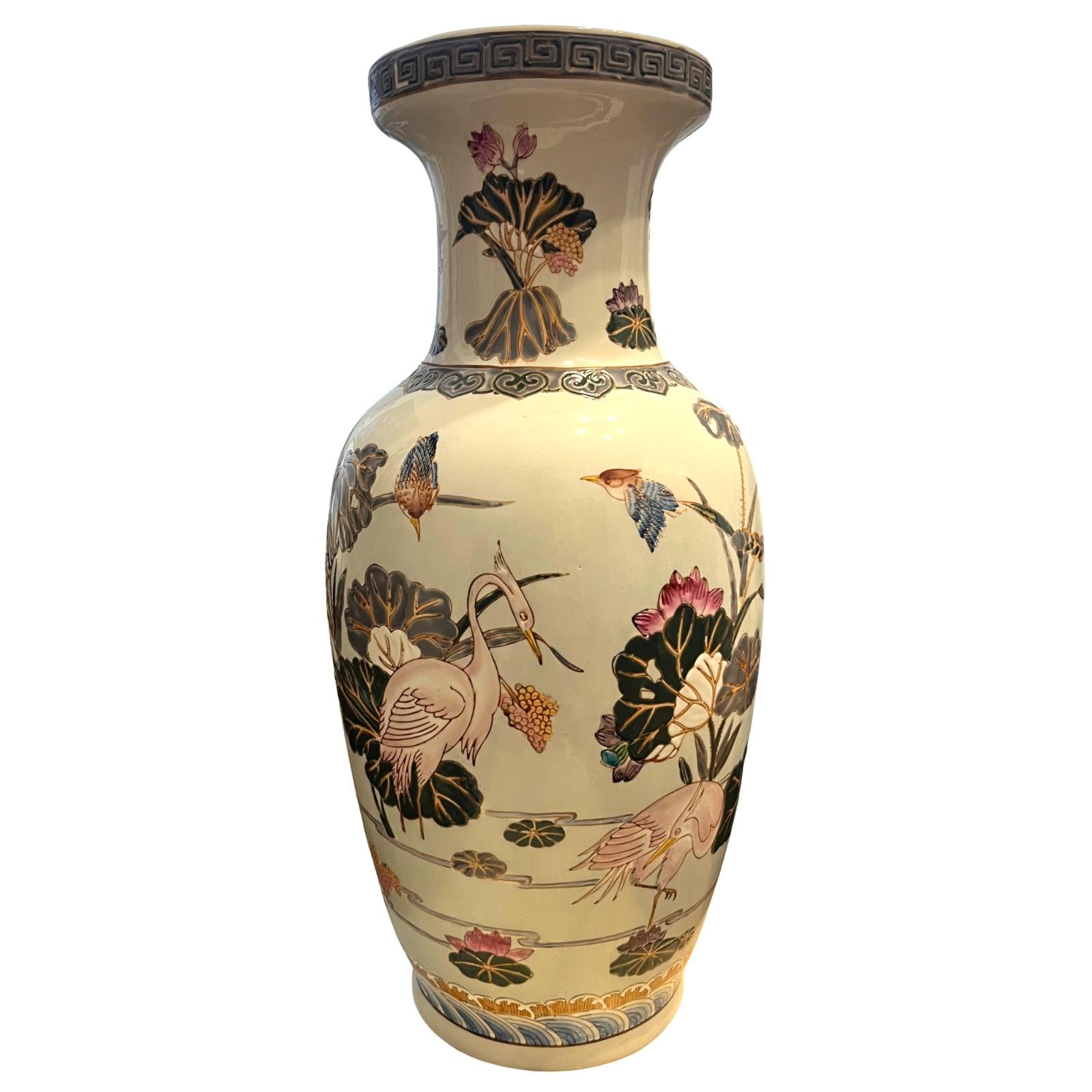Large Oriental Style Ceramic Floor Vase 47cm Heron Crane Lotus Relief Decoration