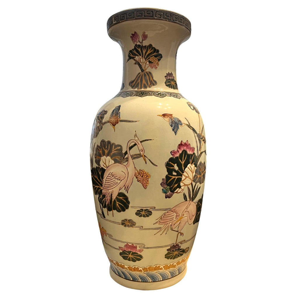 Large Oriental Style Ceramic Floor Vase 47cm Heron Crane Lotus Relief Decoration