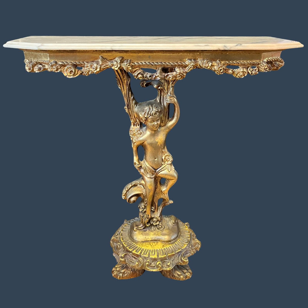 Vintage Italian Rococo Console Table Cherub Carved Wood Marble Top Made in Italy