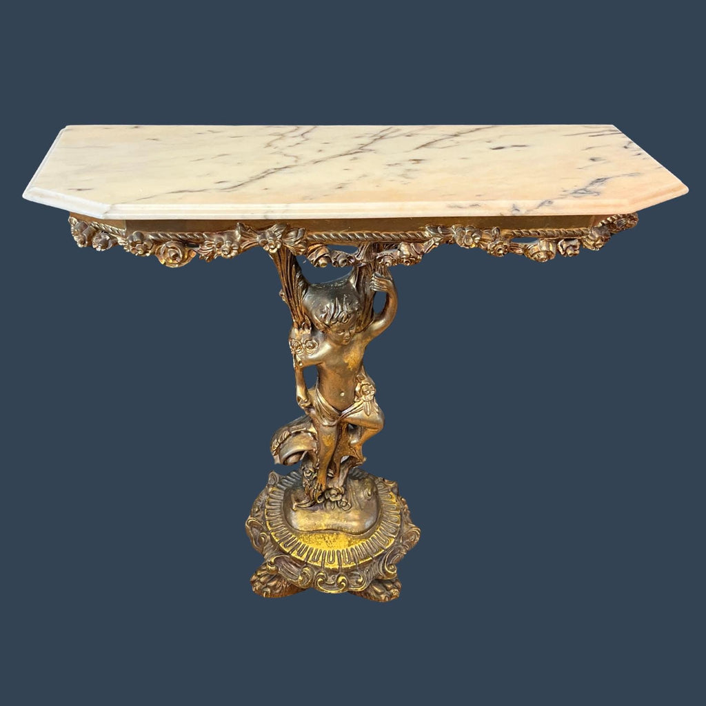 Vintage Italian Rococo Console Table Cherub Carved Wood Marble Top Made in Italy