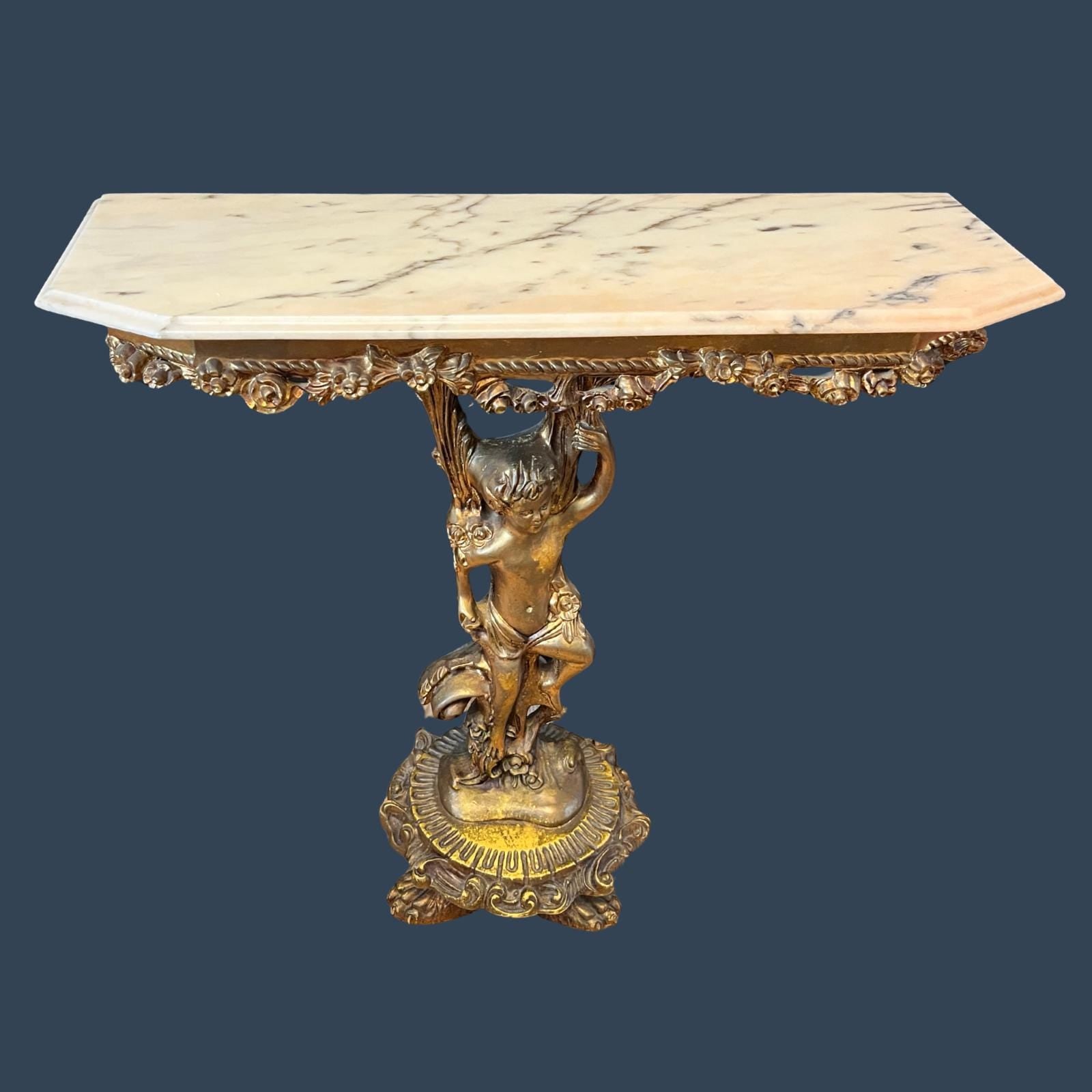 Vintage Italian Rococo Console Table Cherub Carved Wood Marble Top Made in Italy