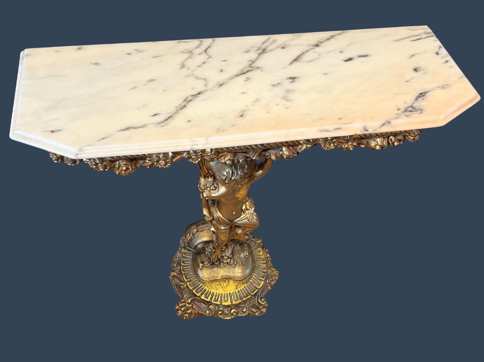 Vintage Italian Rococo Console Table Cherub Carved Wood Marble Top Made in Italy