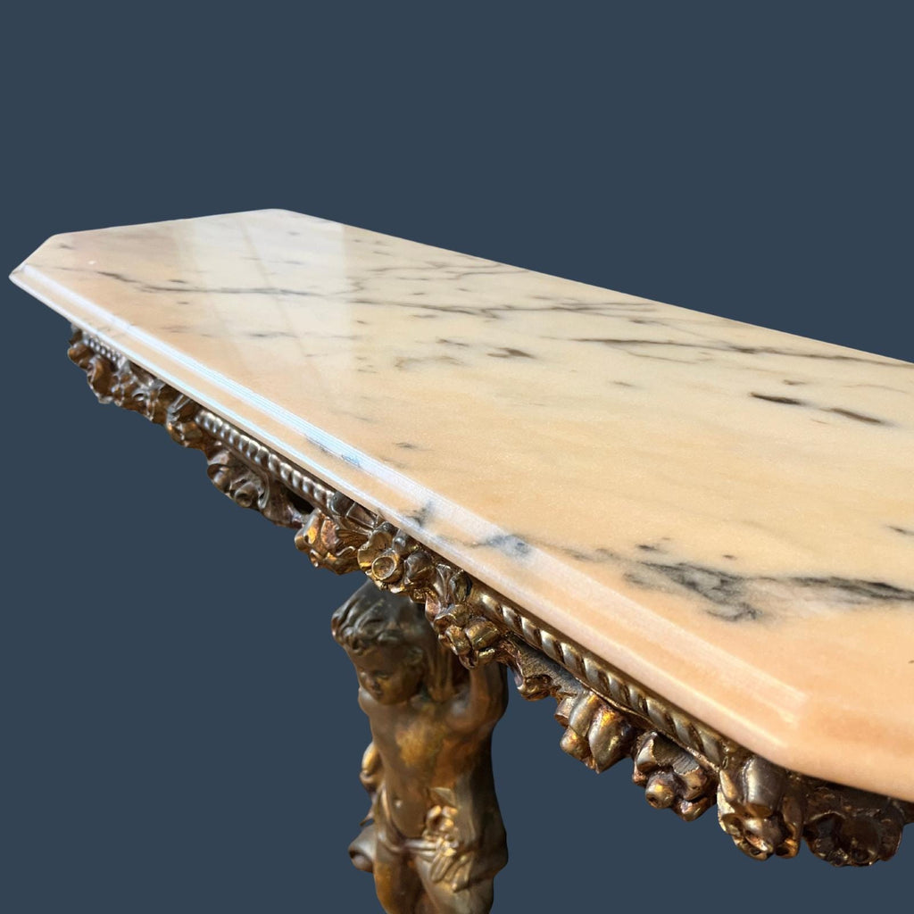 Vintage Italian Rococo Console Table Cherub Carved Wood Marble Top Made in Italy