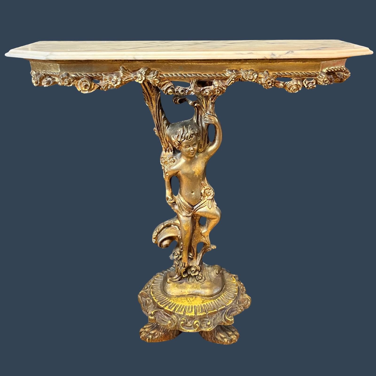 Vintage Italian Rococo Console Table Cherub Carved Wood Marble Top Made in Italy