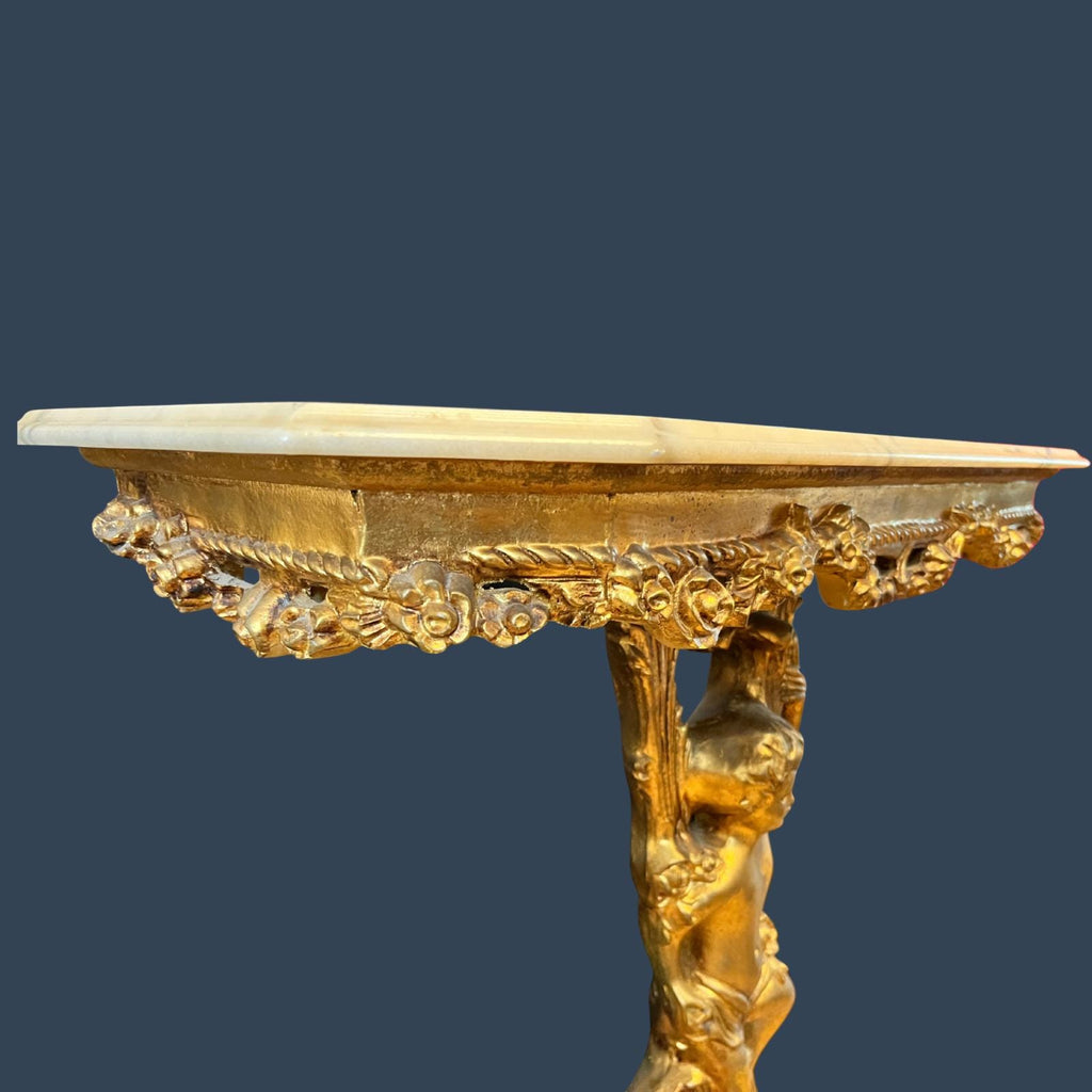 Vintage Italian Rococo Console Table Cherub Carved Wood Marble Top Made in Italy
