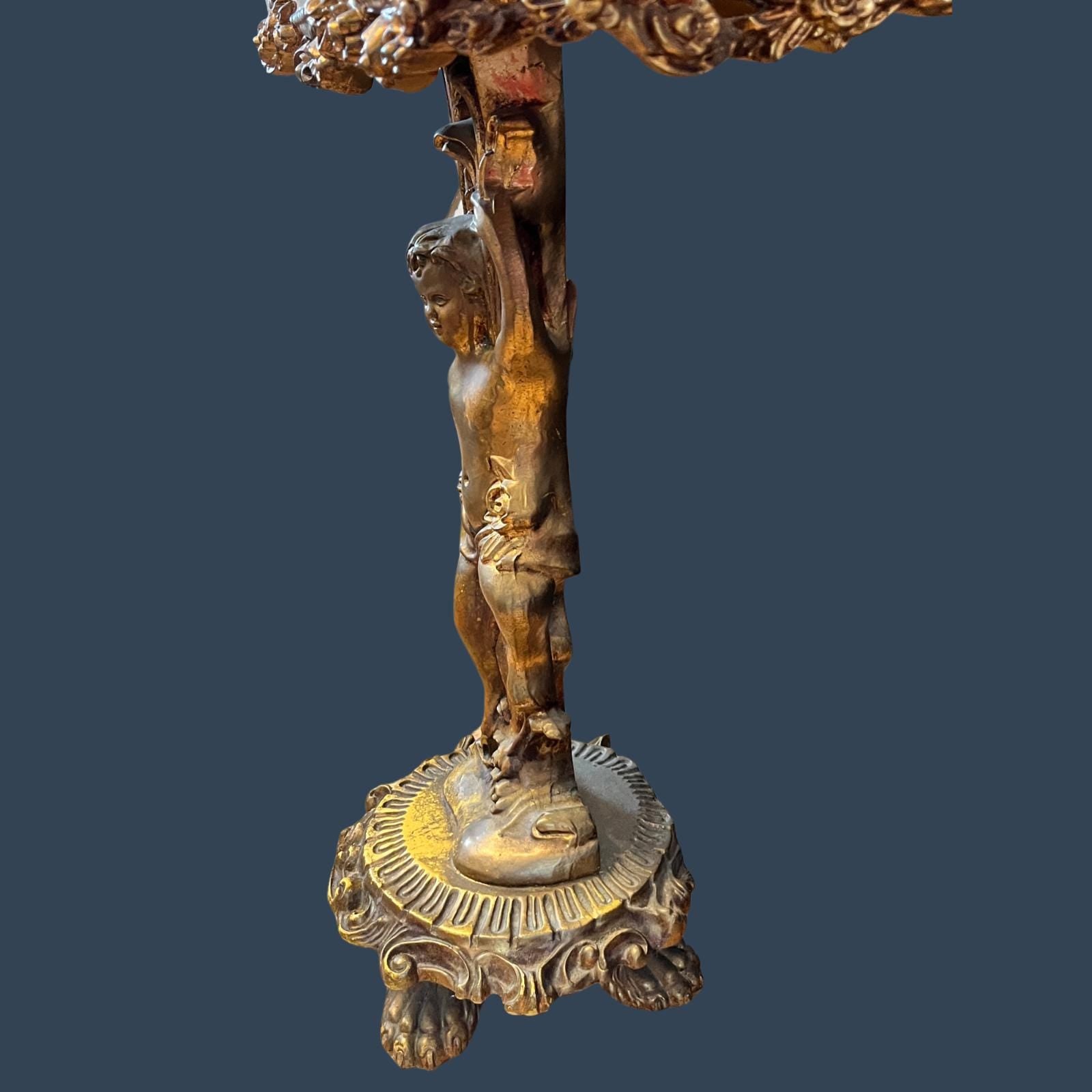 Vintage Italian Rococo Console Table Cherub Carved Wood Marble Top Made in Italy