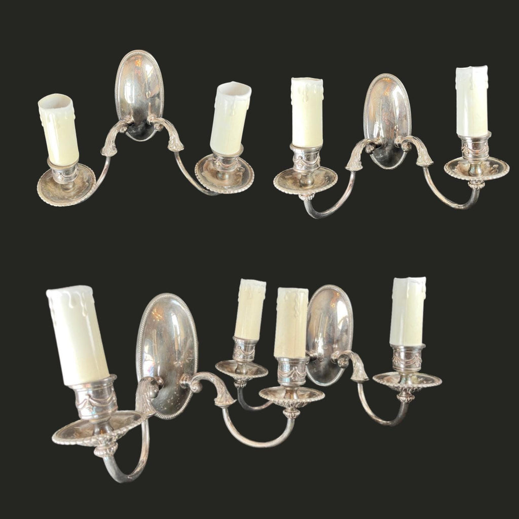 Set of 4 Antique Wall Sconce Lights Edwardian Style Silver Plate Twin Arm VGC