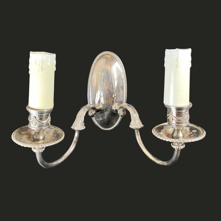 Set of 4 Antique Wall Sconce Lights Edwardian Style Silver Plate Twin Arm VGC