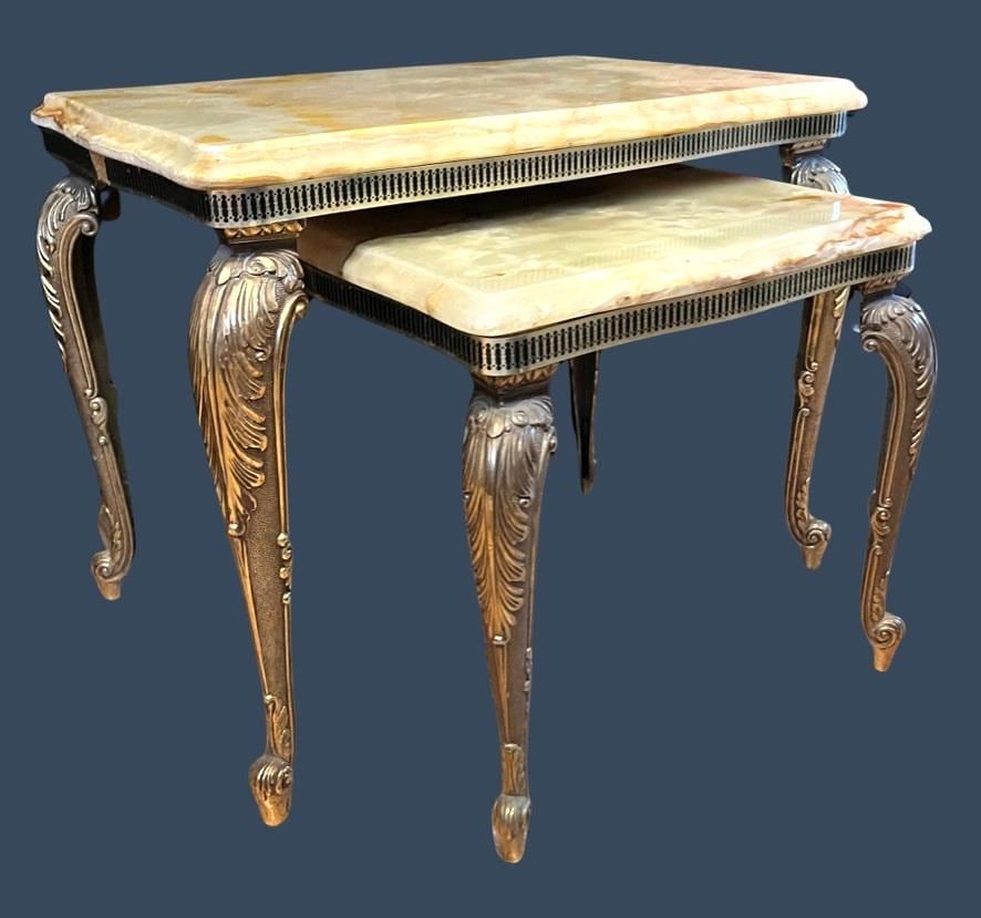 Vintage Italian Onyx Marble Nest Of 2 Tables Cast Metal Gilt Side Lamp Tables