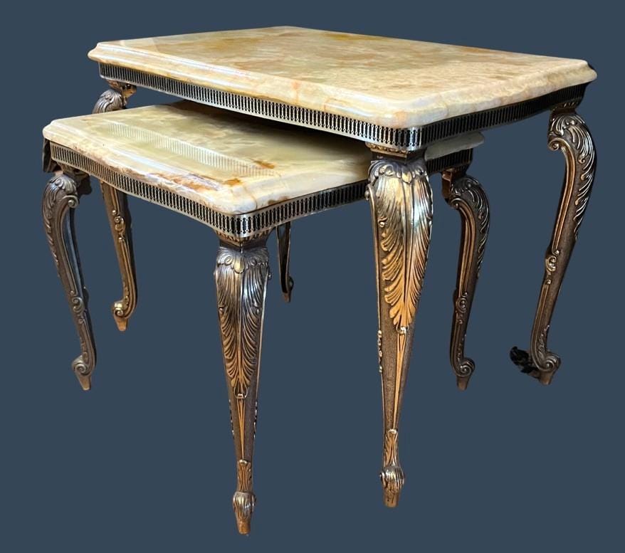 Vintage Italian Onyx Marble Nest Of 2 Tables Cast Metal Gilt Side Lamp Tables