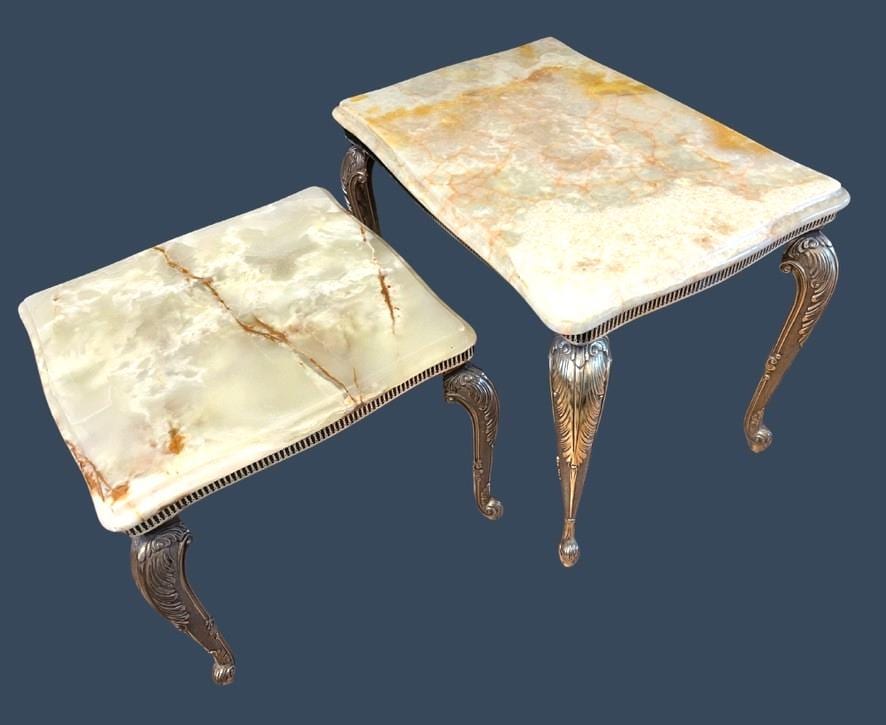 Vintage Italian Onyx Marble Nest Of 2 Tables Cast Metal Gilt Side Lamp Tables