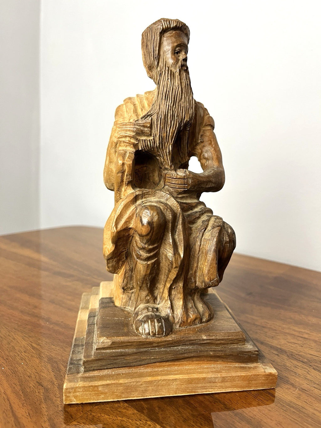 Vintage Olive Wood Moses Sculpture Figure – Hand Carved Religious Statue