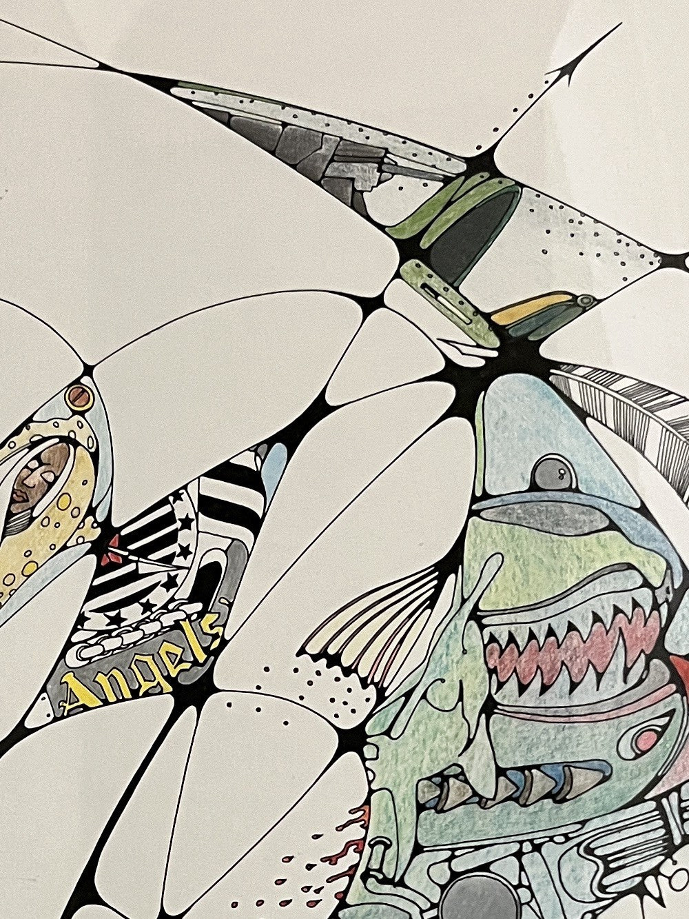 Framed Abstract Drawing Signed Tuzan N93 Colourful Surreal Art Design | 71x58cm