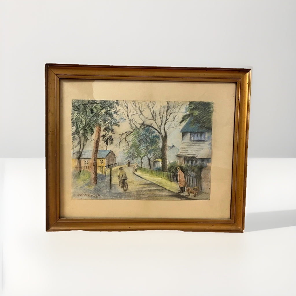 Vintage Signed Pastel Art by Elsie Bowyer – Framed Village Street Scene 60x49cm