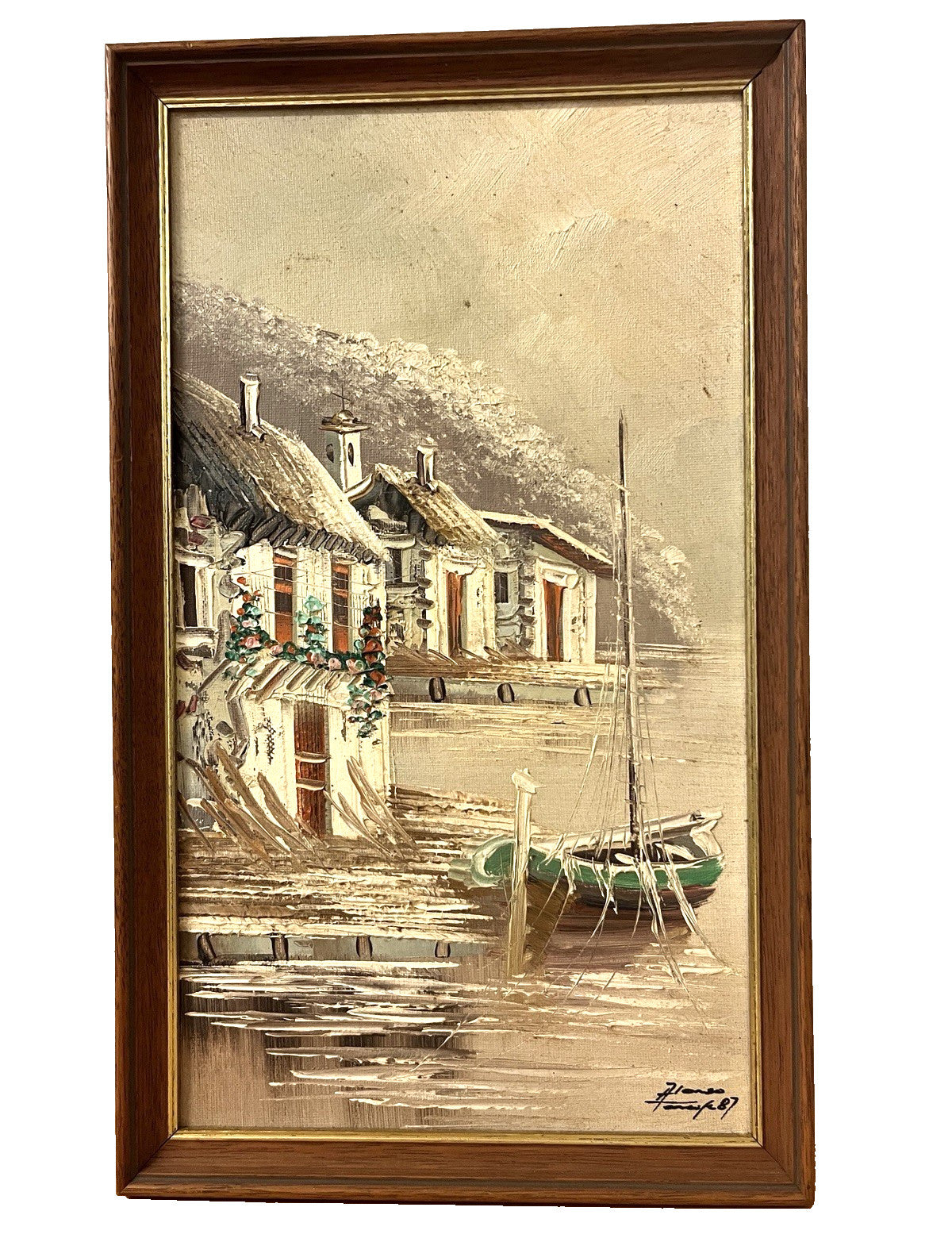 Signed Alonso ’87 Oil Painting Seaside Village Boat Scene Framed 22×36cm