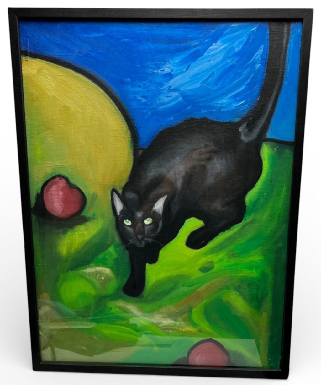 Original Black Cat Acrylic Painting Framed 62x48cm Vintage Art VGC