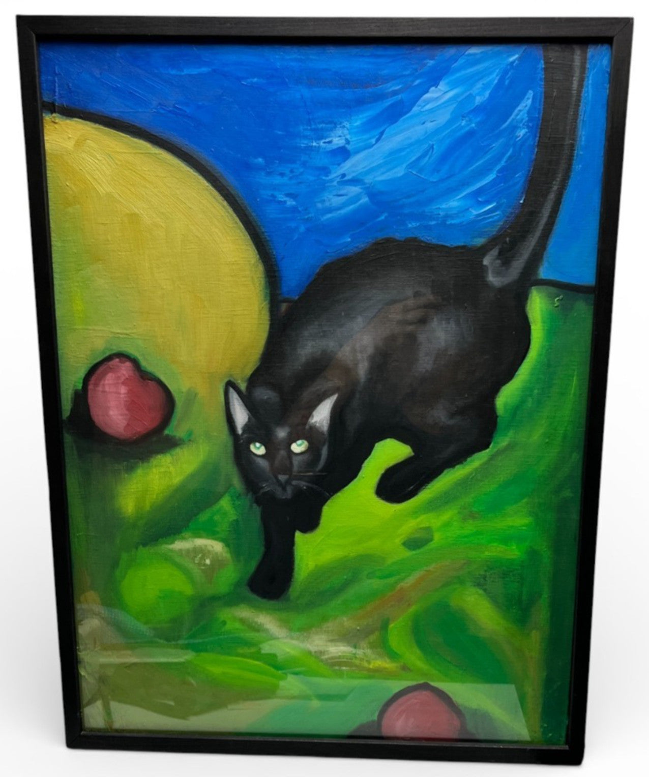 Original Black Cat Acrylic Painting Framed 62x48cm Vintage Art VGC