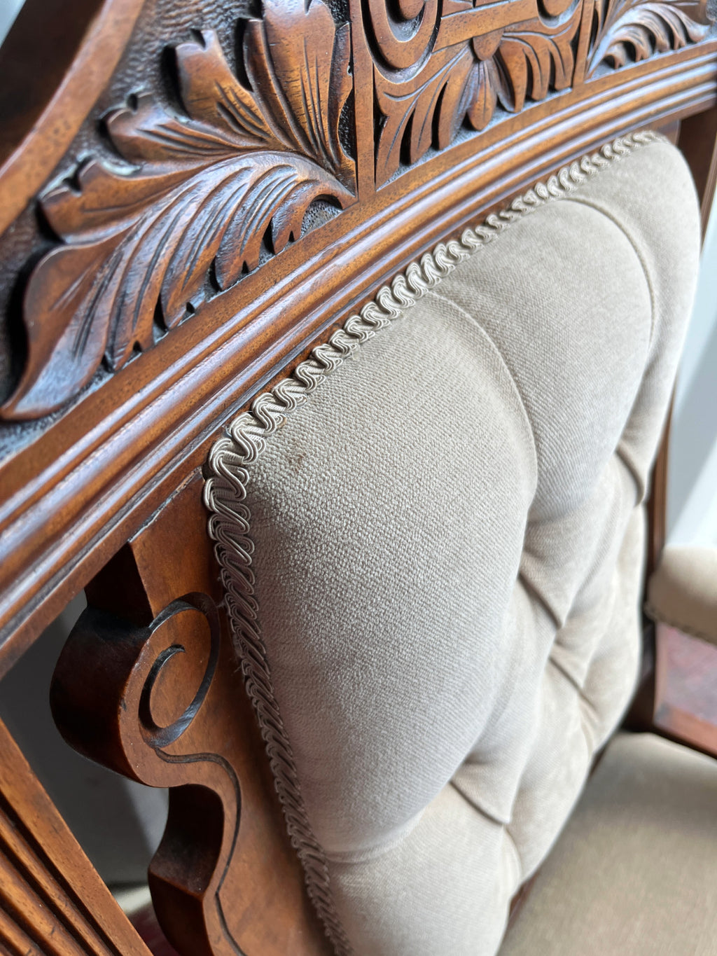 Victorian Mahogany Carved Upholstered Chair Fireside or Bedroom Chair Cream