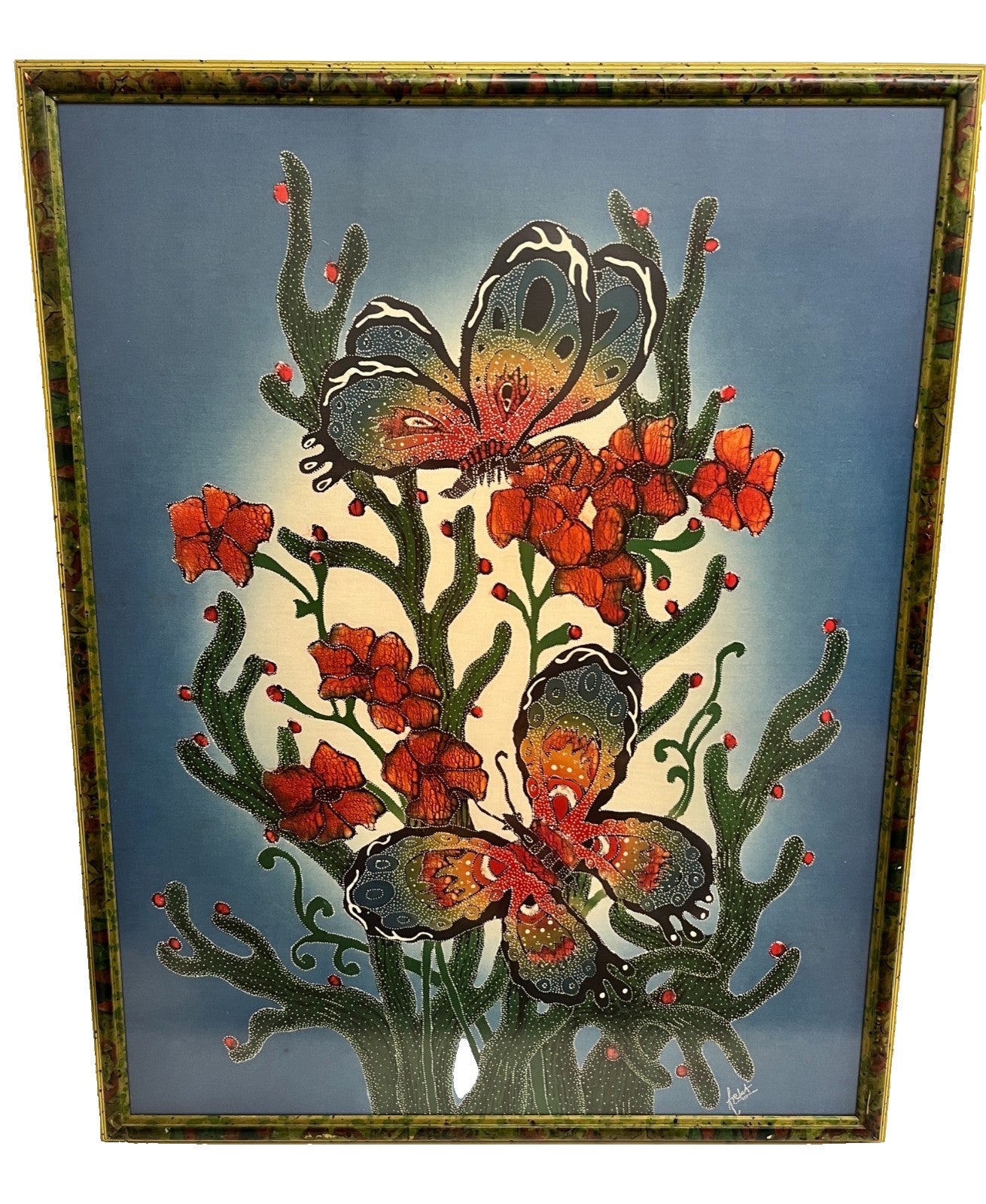 Framed Textile Wall Art Batik Butterflies Flowers 91cm Vintage Fabric Silk Art