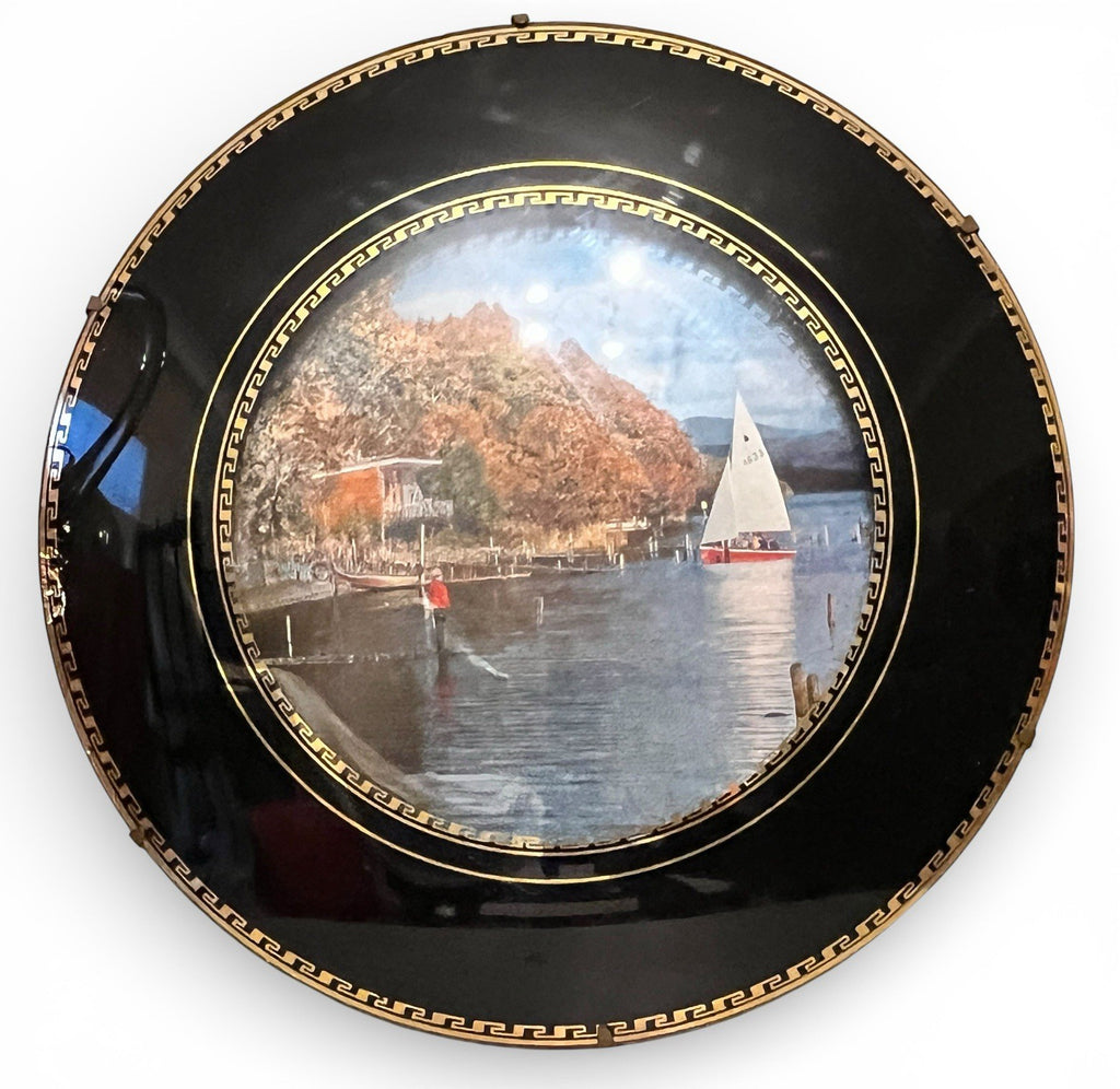 Vintage Set of 9 Wall Plaques Black Gold Nature & Coastal Village Scenes Round