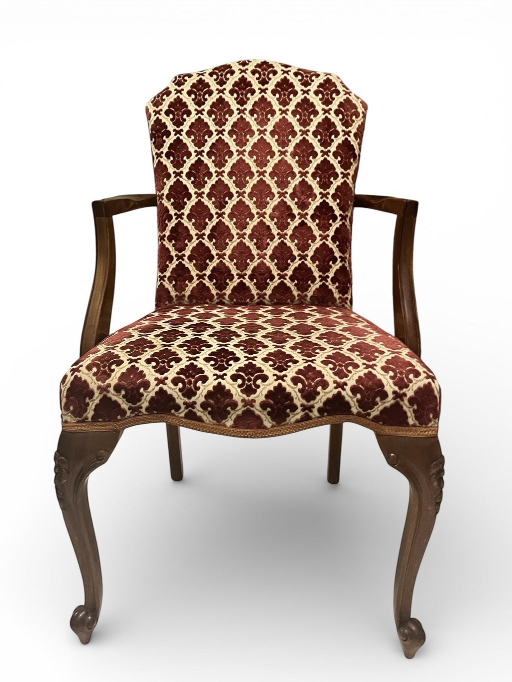 Antique Upholstered Armchair 93cm High 57cm Wide Red Pattern Fabric Wooden Frame