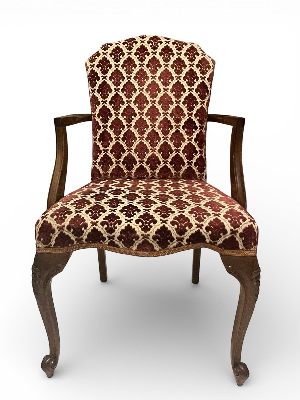 Antique Upholstered Armchair 93cm High 57cm Wide Red Pattern Fabric Wooden Frame