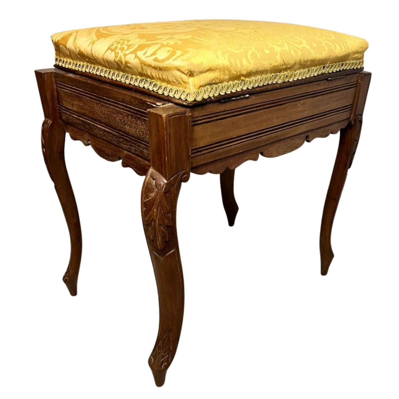 Vintage Carved Wooden Piano Stool With Storage Upholstered Seat Queen Anne Style