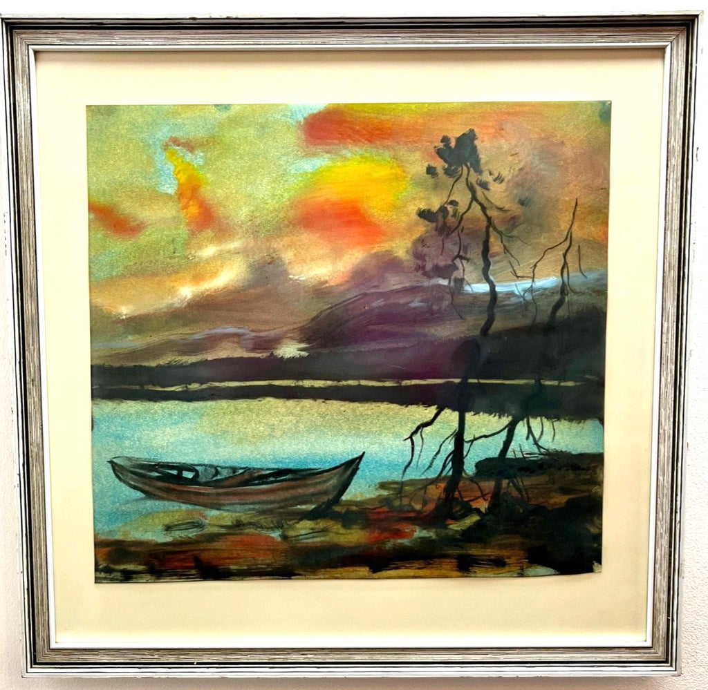 Vintage Watercolour Lake Boat Sunset Landscape Painting Framed Wall Art 49cm