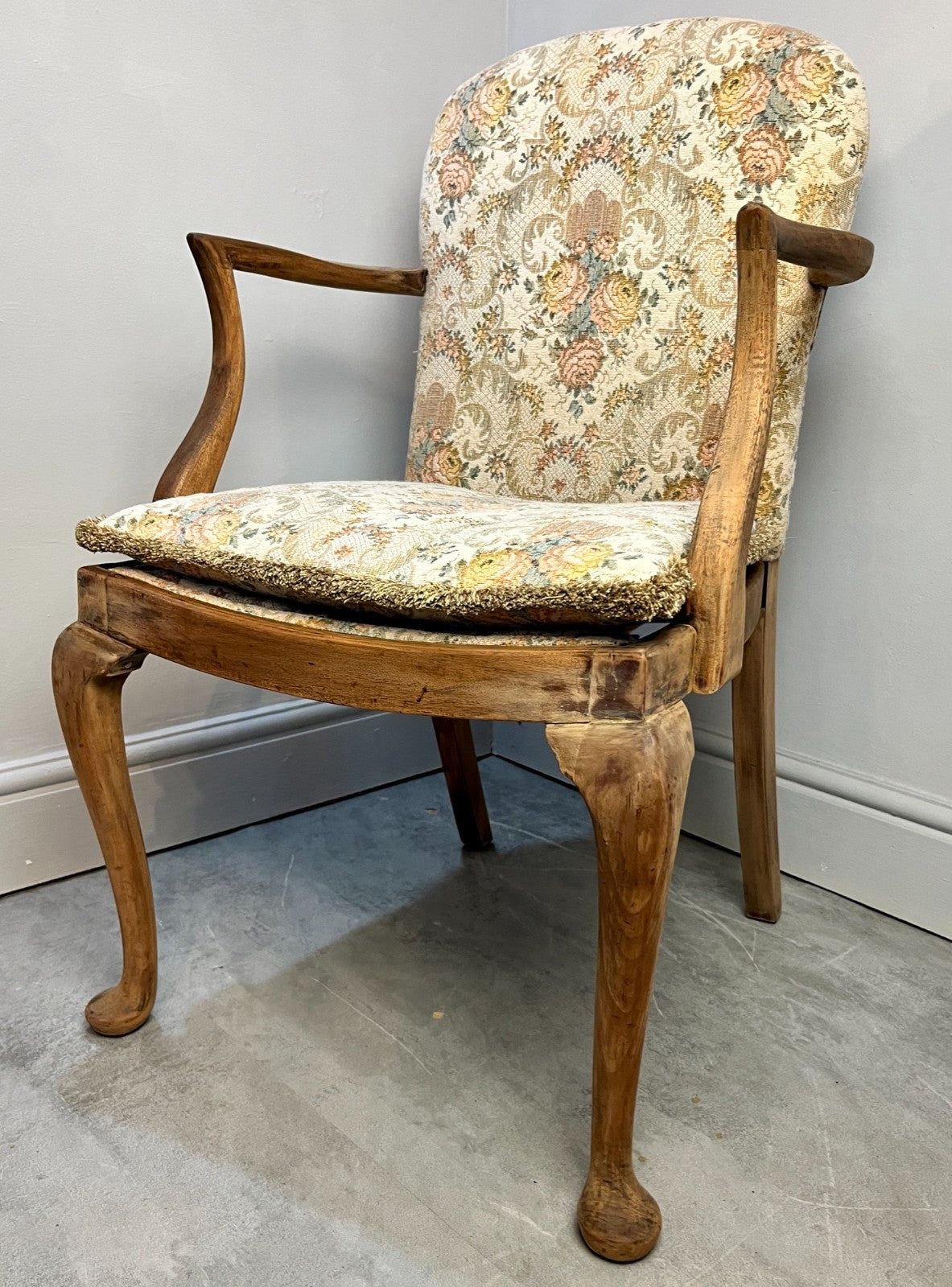 Vintage Parker Knoll Armchair – Tapestry Seat Stripped Bedroom or Hall Chair