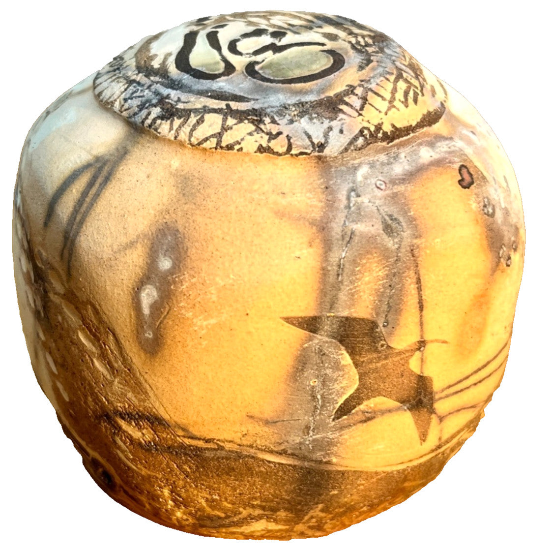 Raku Studio Pottery Cube Sculpture Bird Motif Smoke Fired Art Pot 10cm