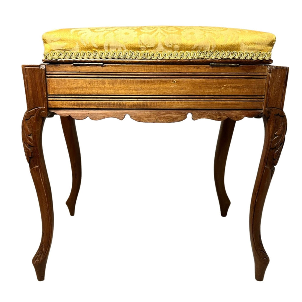 Vintage Carved Wooden Piano Stool With Storage Upholstered Seat Queen Anne Style