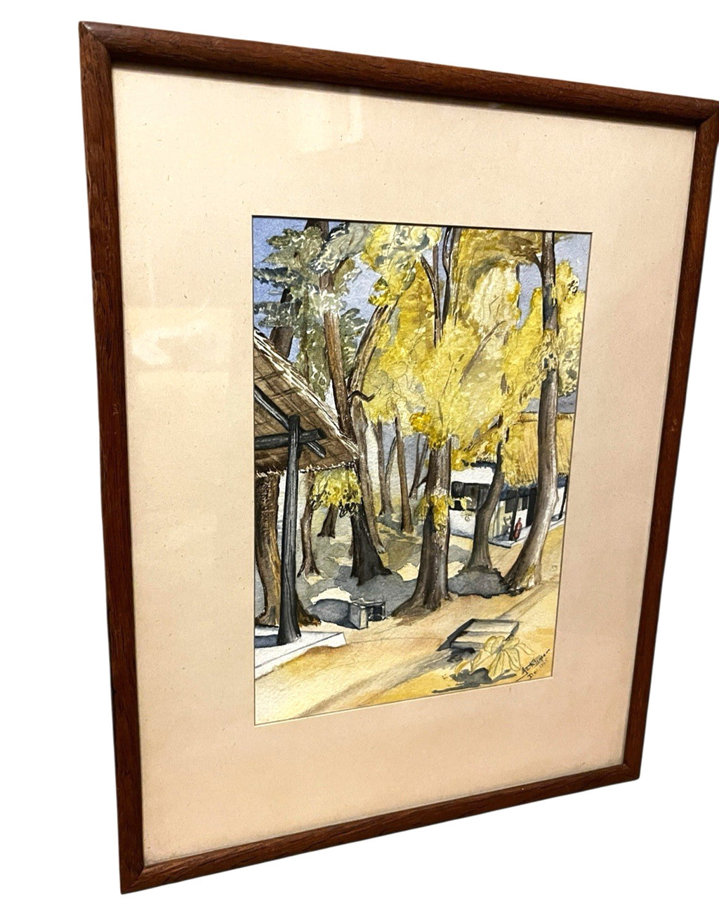 Vintage 1945 Signed Watercolour Landscape – Framed Tree & Village Scene Wall Art