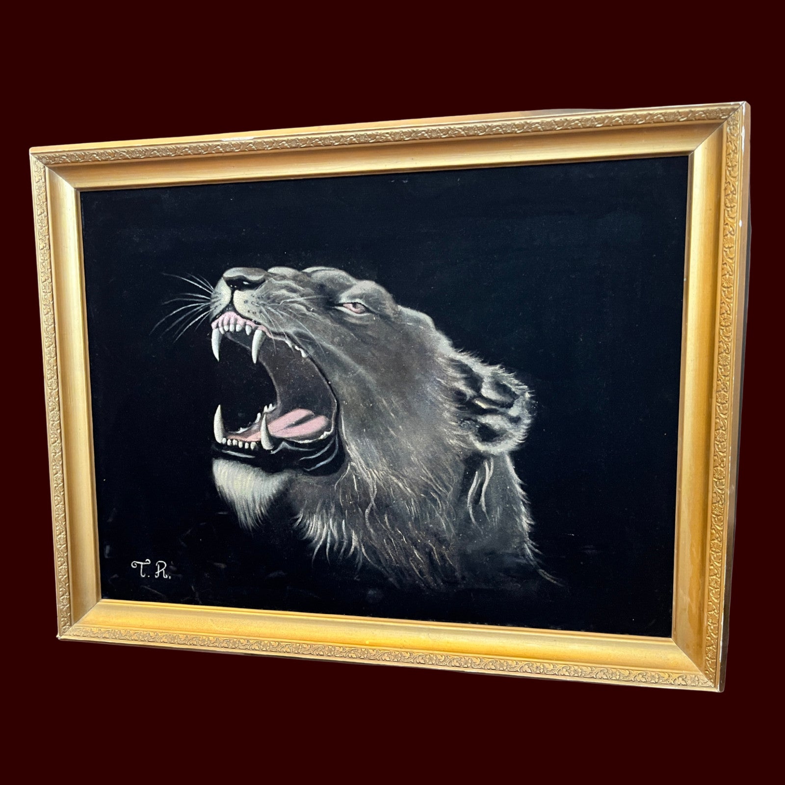 Fantastic vintage black velvet lioness painting bold retro 1970 lounge aesthetic