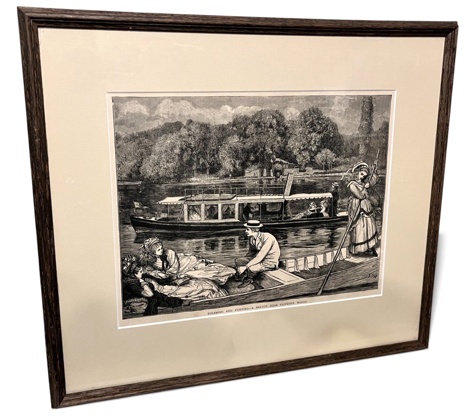 Vintage Framed Print Steaming and Punting, A Sketch Near Cliveden Woods