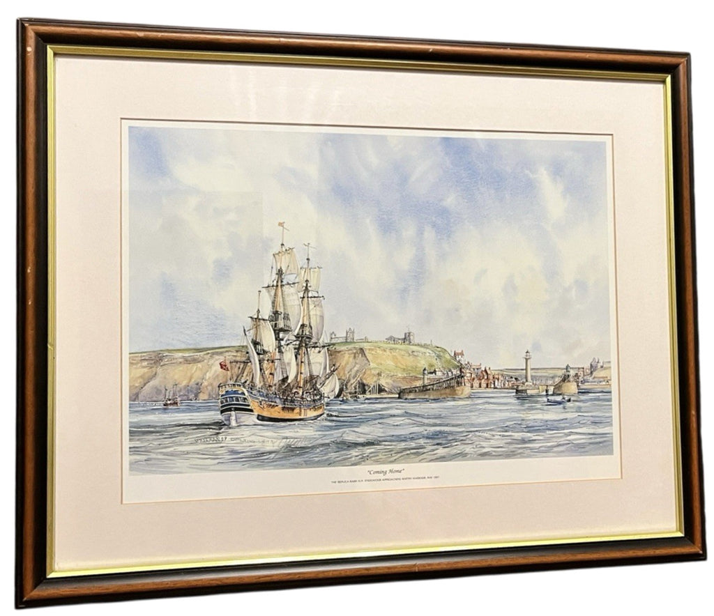 Whitby Endeavour “Coming Home” Maritime Framed Print – Nautical Coastal Wall Art