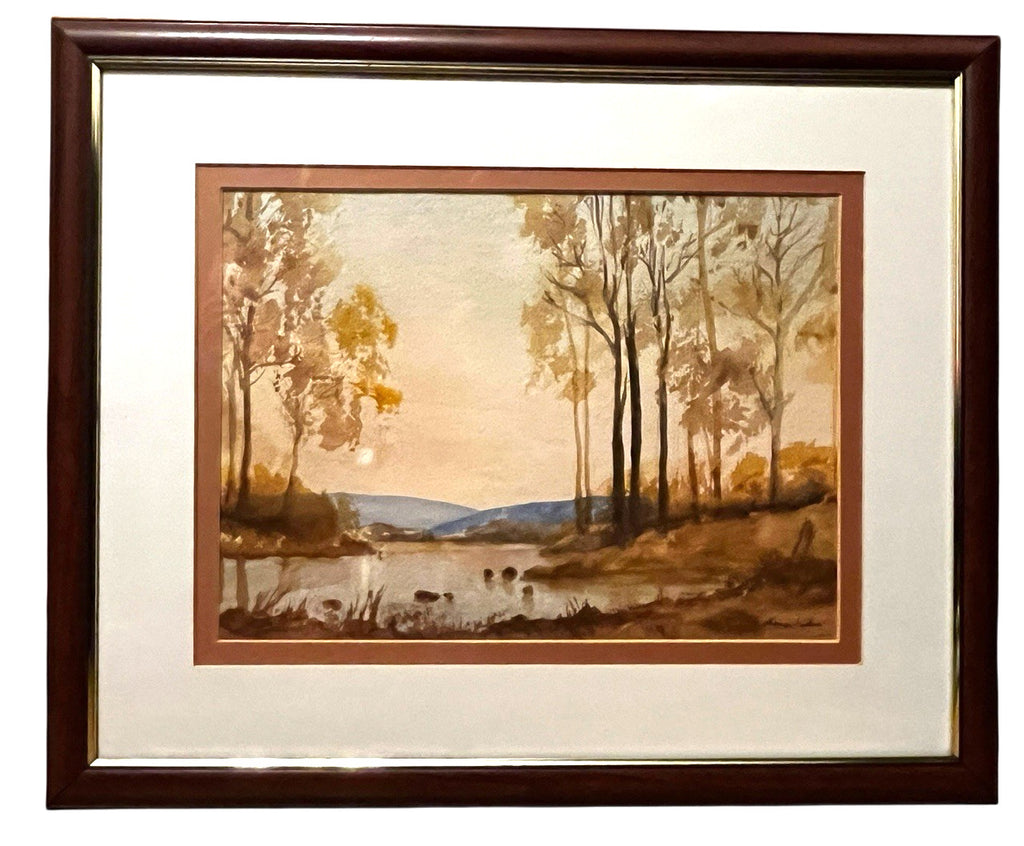 Evening Woodland Lake Watercolour Painting Framed 56x45cm Signed N. Jackson