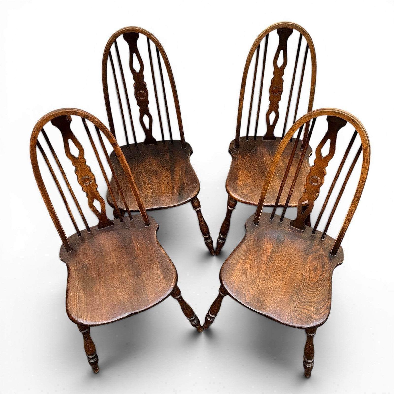 Vintage Set of Four Dark Oak Wheel Back Chairs