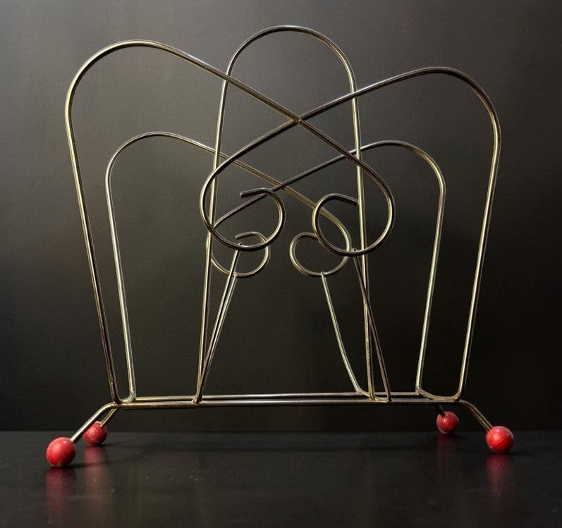 Atomic Wire Magazine Rack Mid Century Metal Record Holder with Red Ball Feet