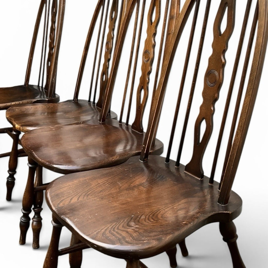 Vintage Set of Four Dark Oak Wheel Back Chairs