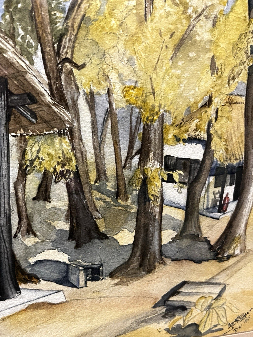 Vintage 1945 Signed Watercolour Landscape – Framed Tree & Village Scene Wall Art
