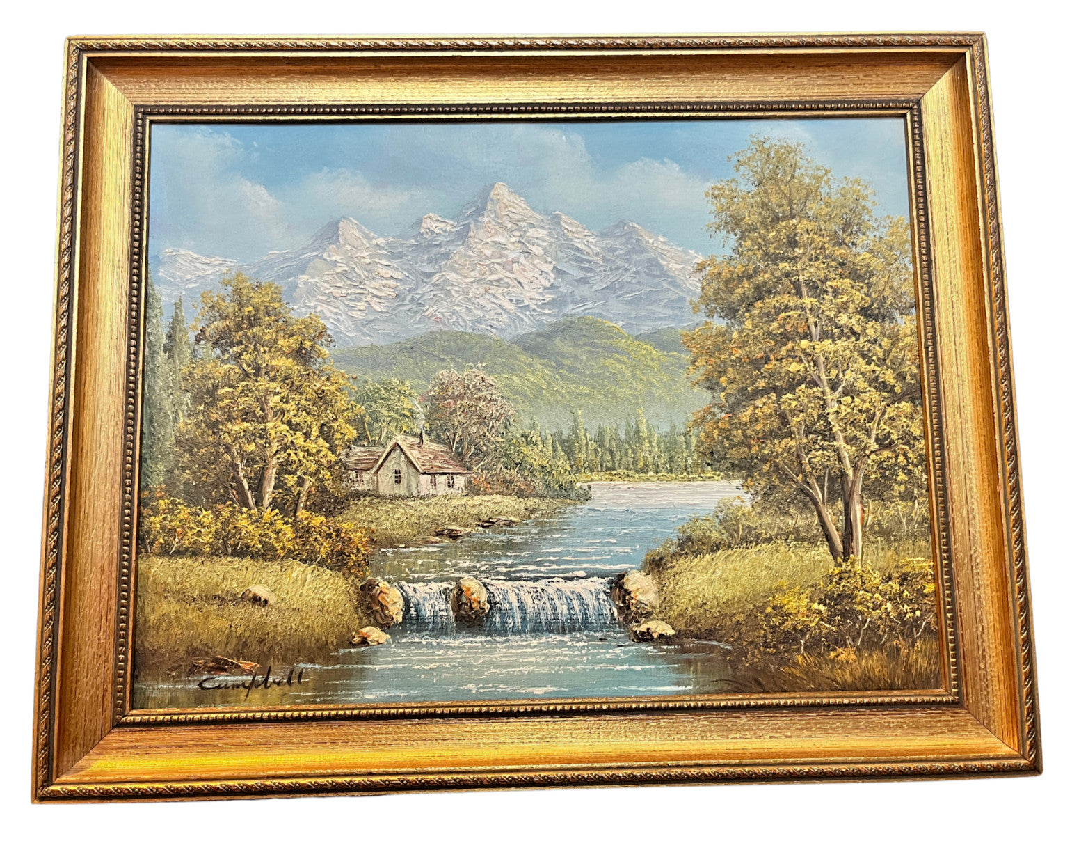 Vintage Oil Painting Mountain Landscape Signed Campbell Gold Gilt Frame 47x37cm