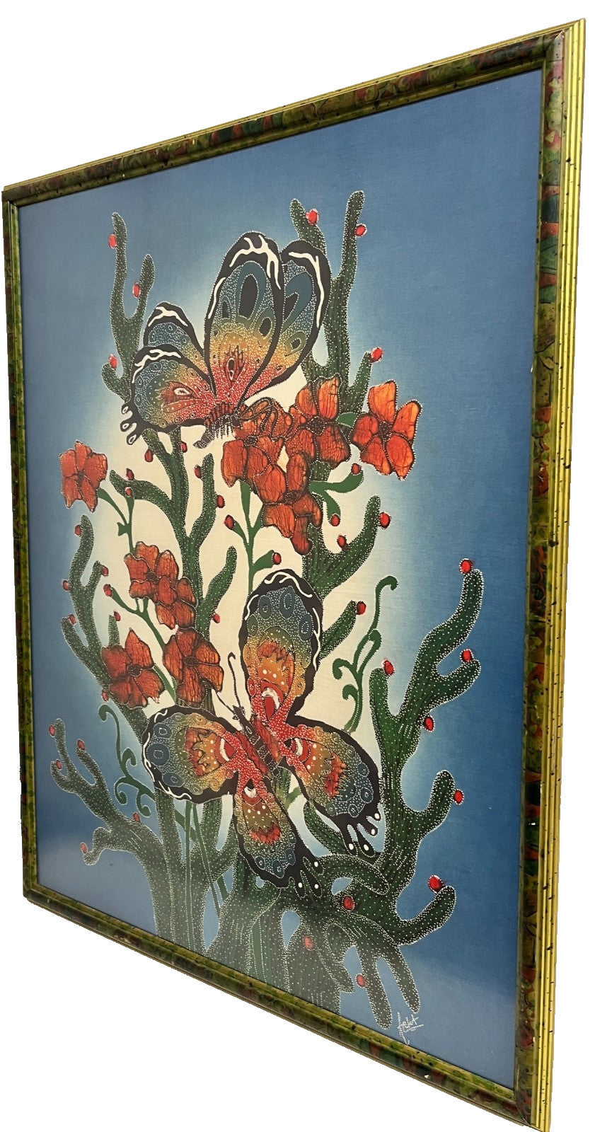 Framed Textile Wall Art Batik Butterflies Flowers 91cm Vintage Fabric Silk Art