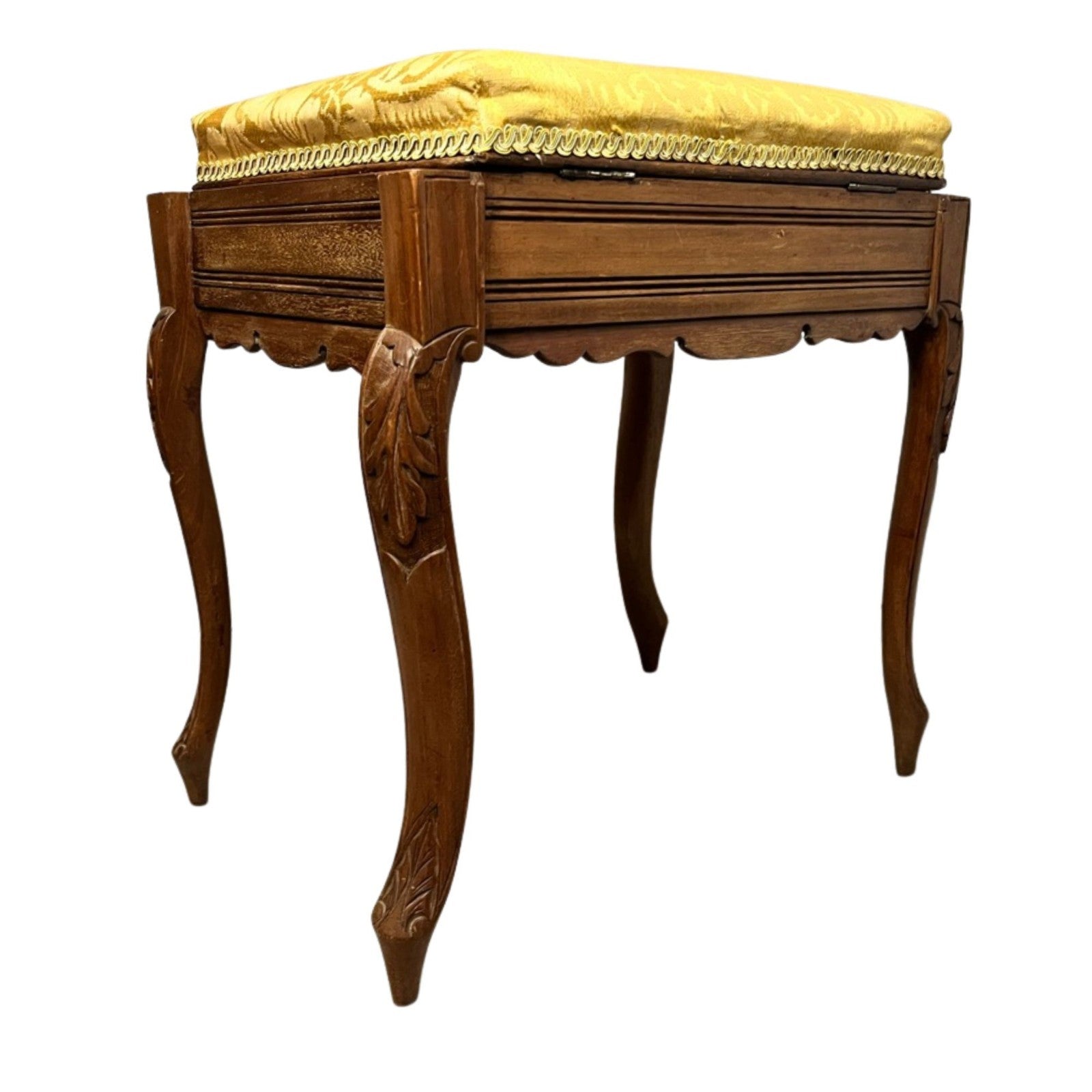 Vintage Carved Wooden Piano Stool With Storage Upholstered Seat Queen Anne Style