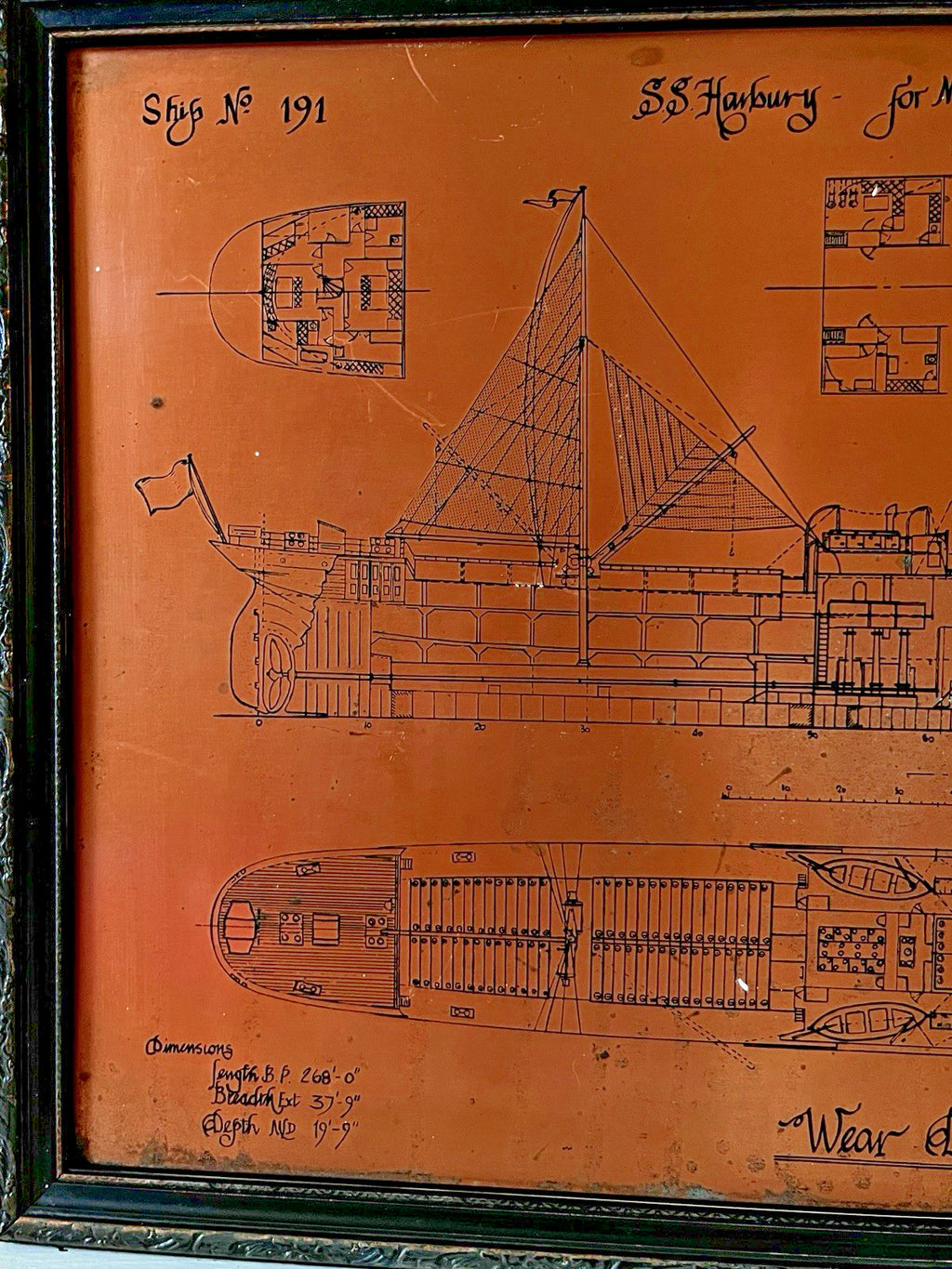 Antique Copper Engraving Ship Plan “S.S. Harbury” Wear Dockyard 1895