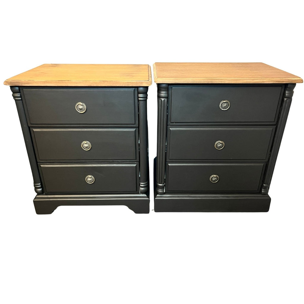 Refinished Black Bedside Tables Pair Vintage Nightstands Wood Top 3 Drawer Cabin