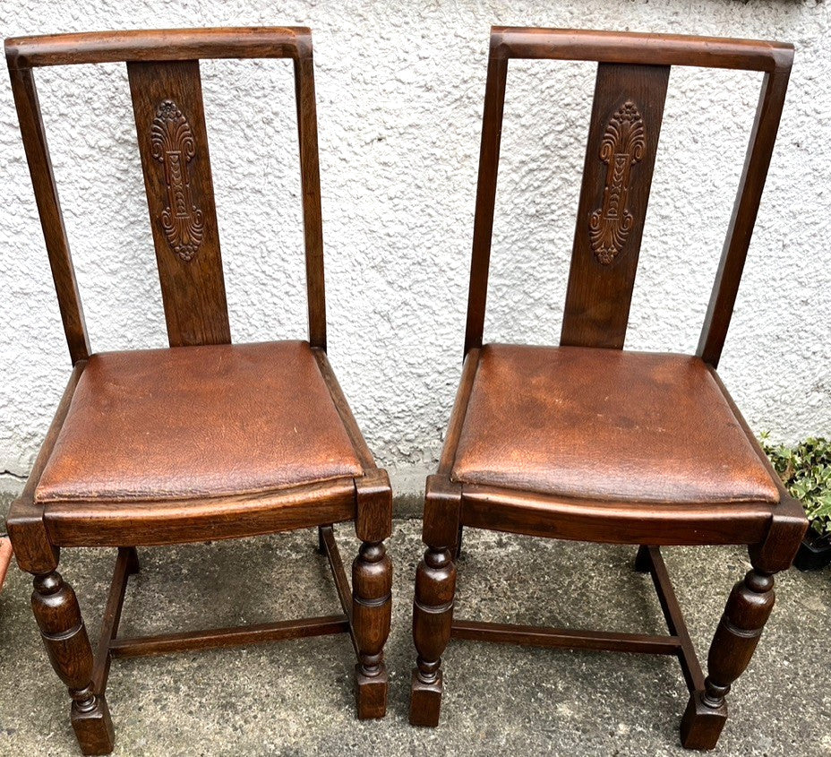 Pair Vintage Oak Dining Chairs Tudor Jacobean Farmhouse Carved Wooden Chairs