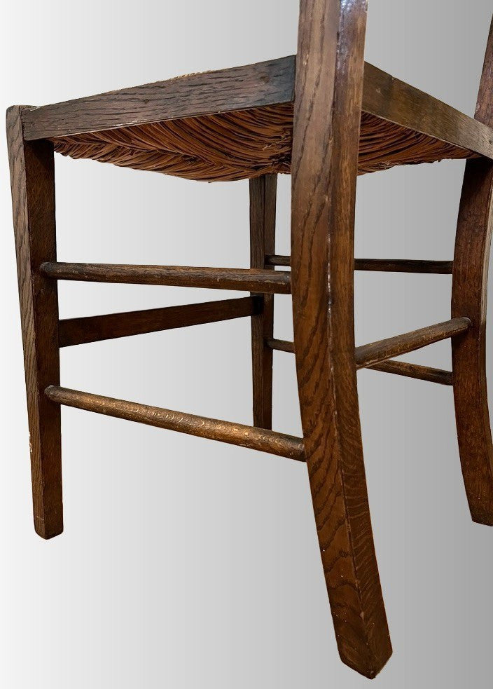 Vintage Oak Rush Seat Chair Ladder Back Wooden Farmhouse Chair Rustic