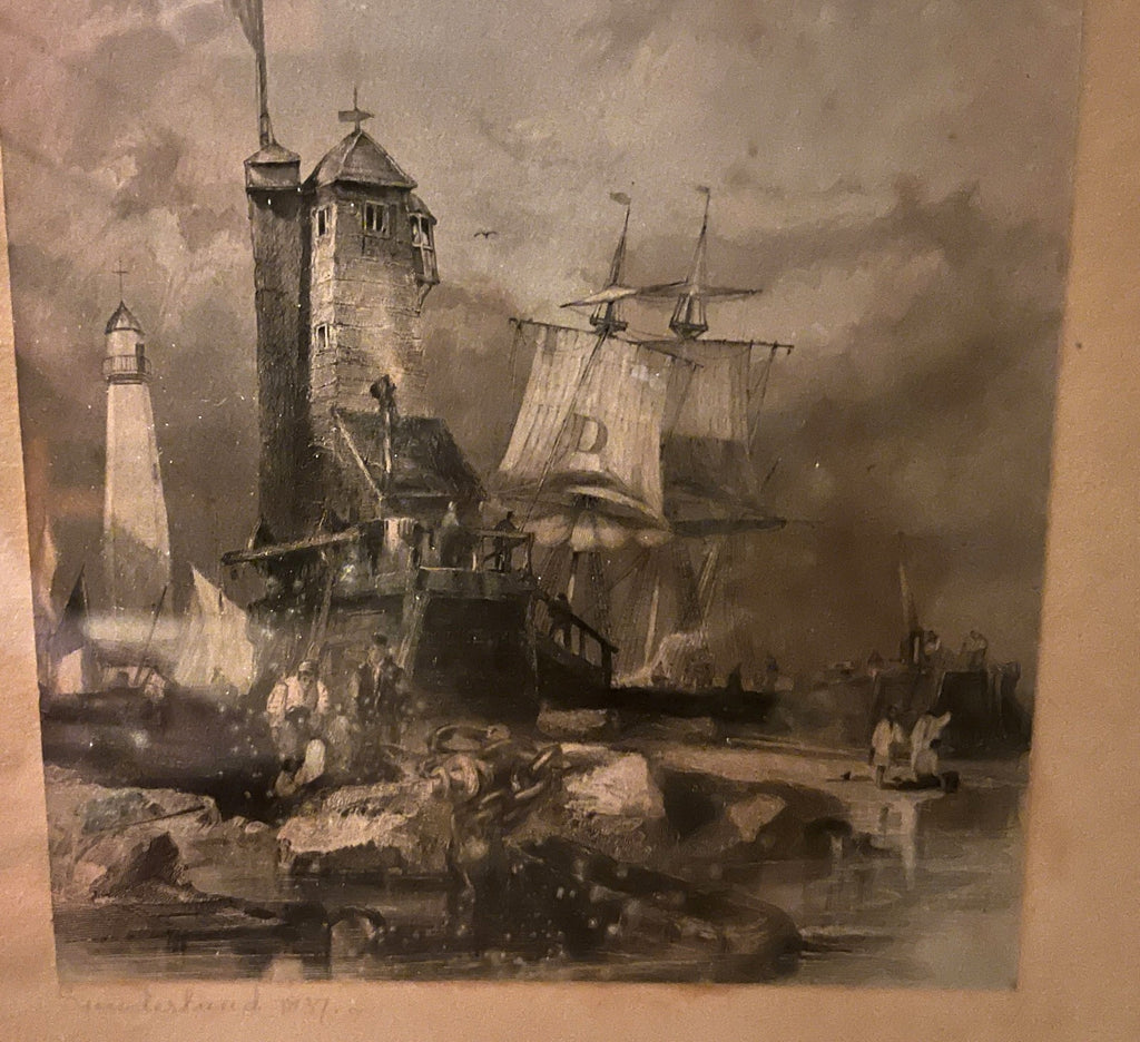 1837 Sunderland Lighthouse South Pier Etching Print Antique Framed 29cm