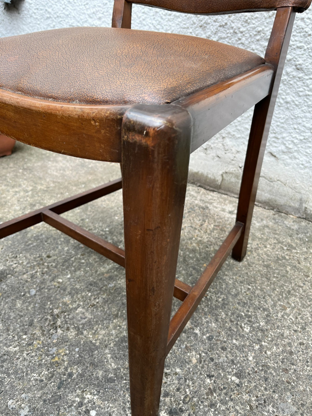 Vintage Oak Dining Chairs Pair Camel Vinyl Upholstered