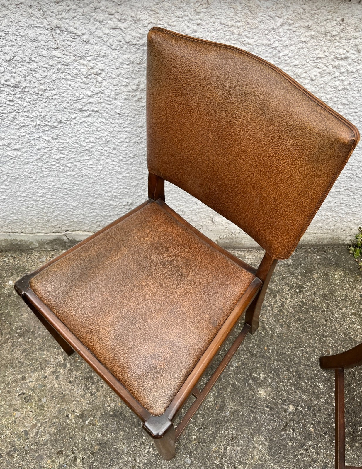 Vintage Oak Dining Chairs Pair Camel Vinyl Upholstered